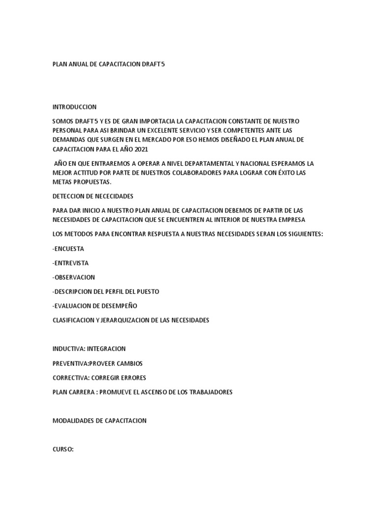 Plan Anual de Capacitacion Draft 5 Word | PDF | Negocios | Finanzas y ...