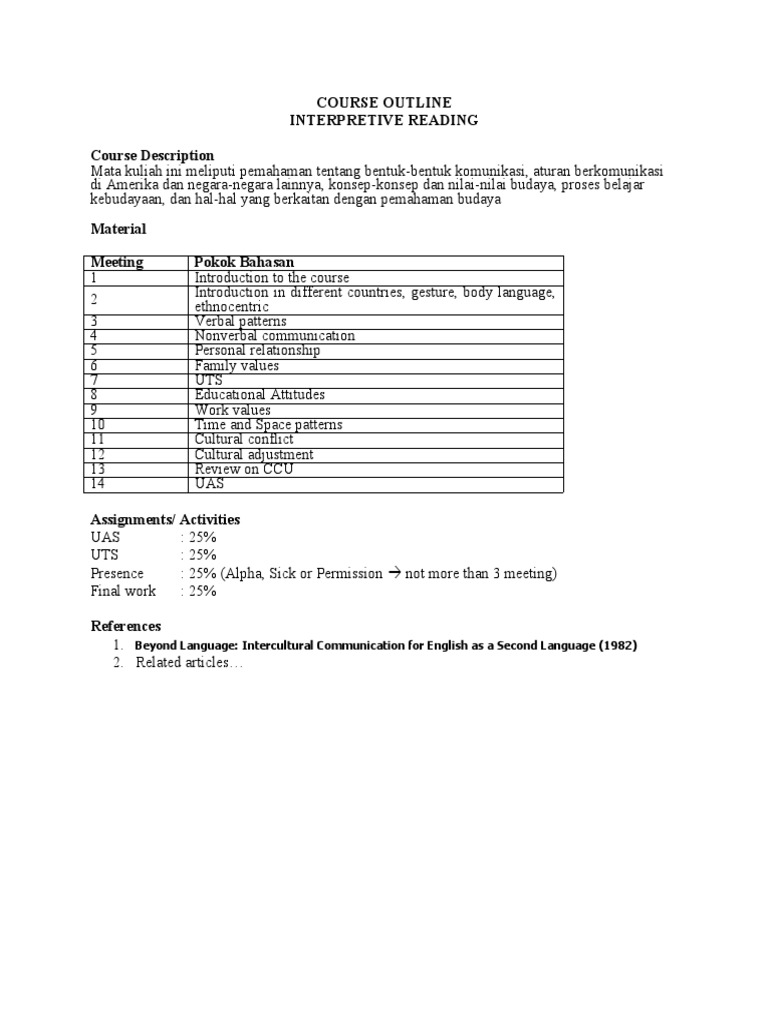 Course Outline Interpretive Reading Course Description | PDF