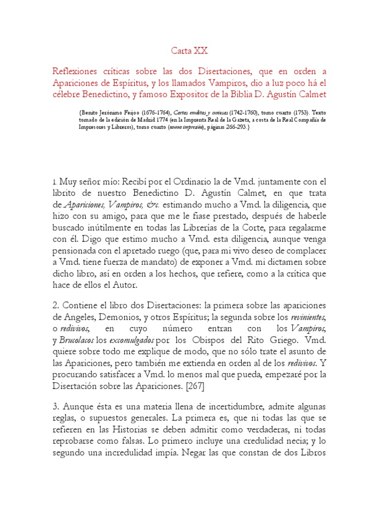 Feijoo, Benito Cartas Eruditas y Curiosas (Tomo IV, Carta XX) ) PDF PDF Purgatorio Vampiros