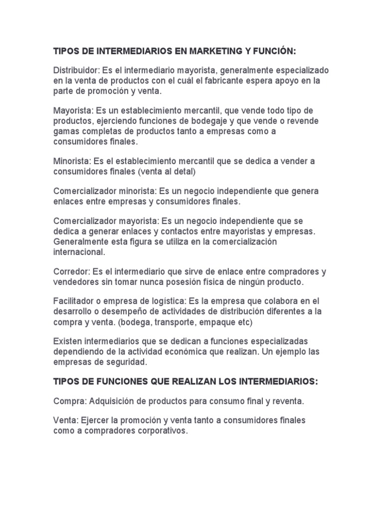 Tipos de Intermediarios en Marketing y Función | PDF | Al por menor ...