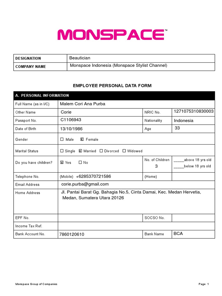 Employee Personal Data Form | PDF | Privacy | Government Information