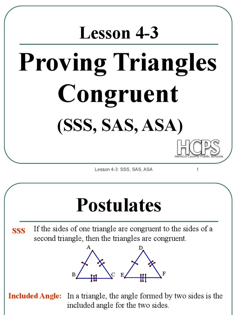 Proving Triangles Congruent Using SSS, SAS and ASA Postulates PDF