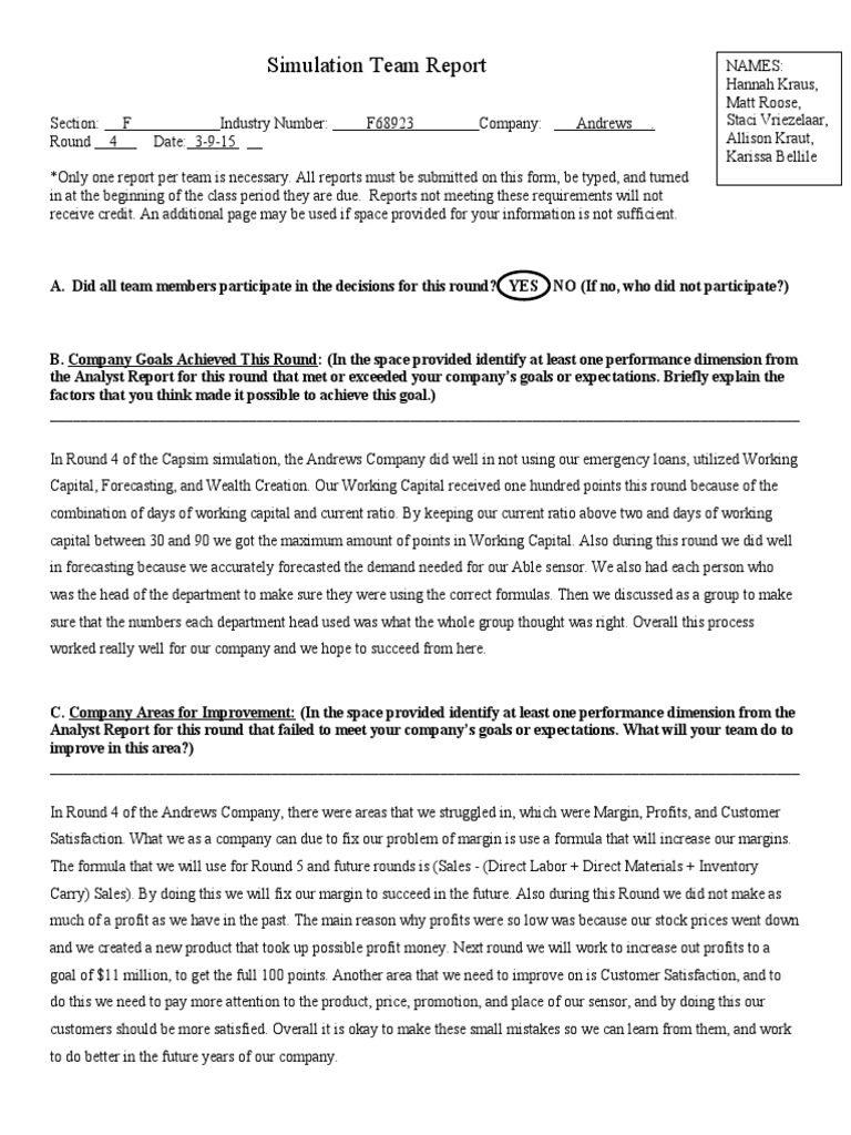 Andrews Company Simulation Round 4 Report | PDF | Inventory | Working ...