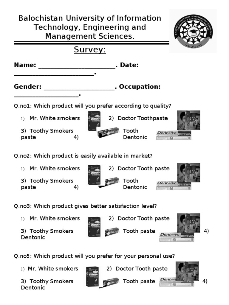 Questionnaire Regarding Our Product Smobetic Toothpaste PDF