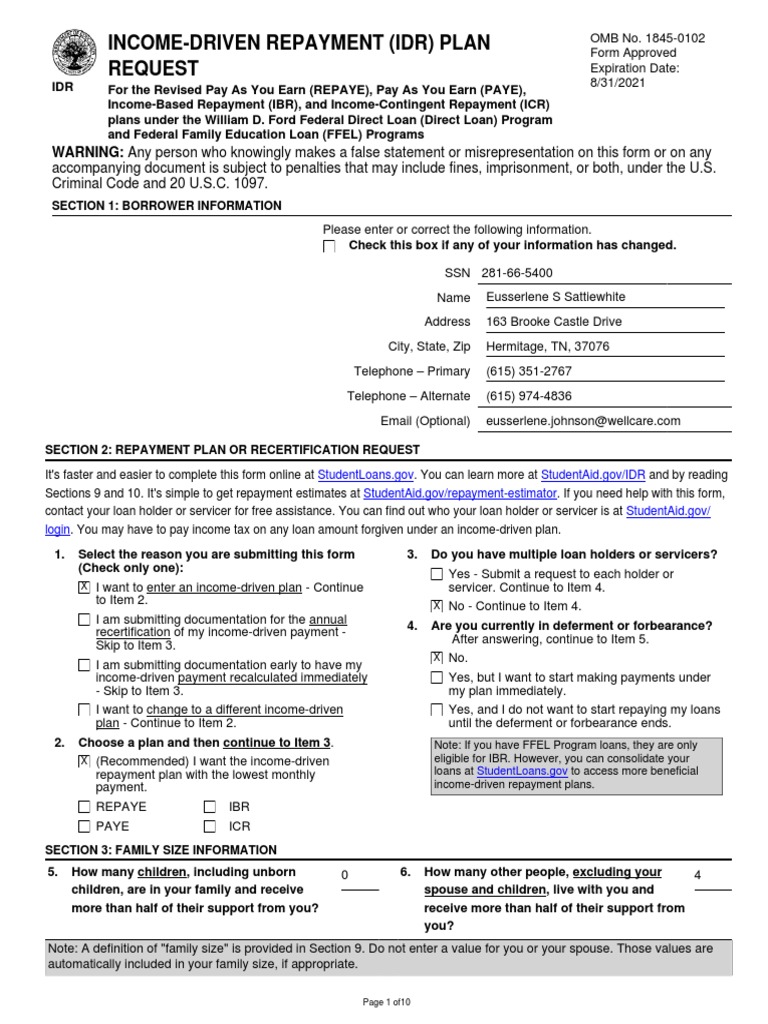 Income-Driven Repayment (Idr) Plan Request | PDF | Loans | Debt