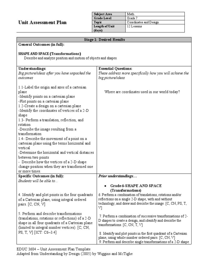 Grade 7 Cartesian Plane Unit Plan | PDF | 2 D Computer Graphics ...