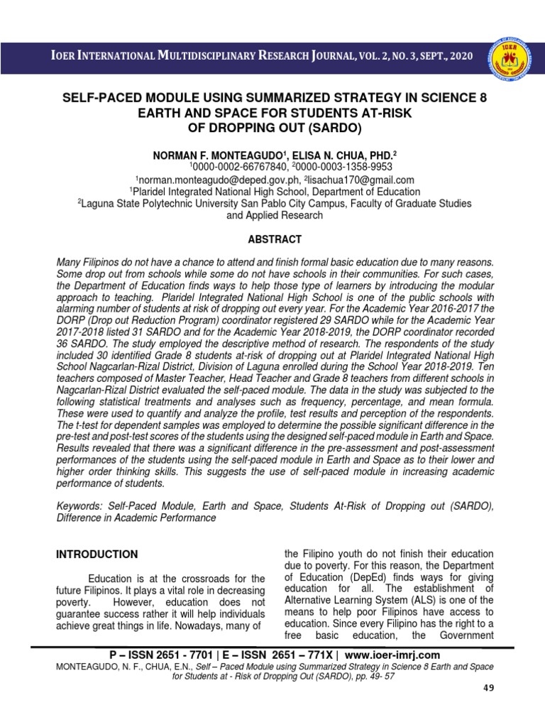 Self - Paced Module Using Summarized Strategy in Science 8 Earth and ...