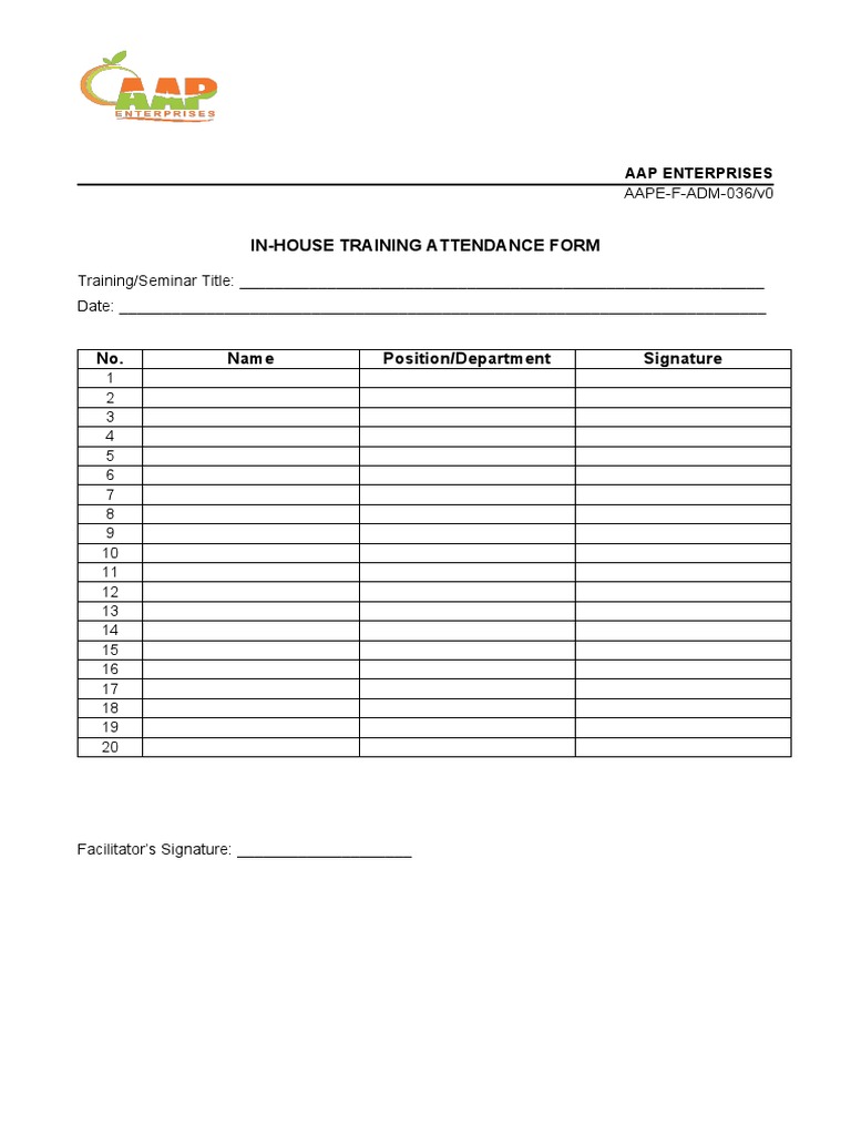 In-House Training Attendance Form: Aap Enterprises | PDF