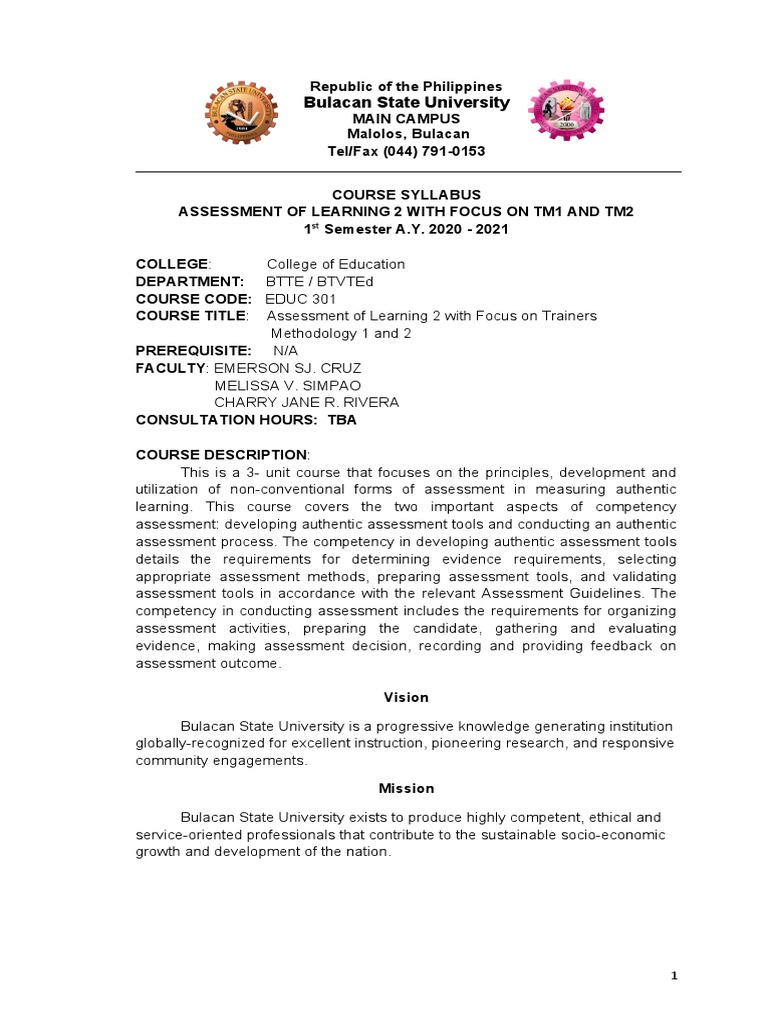 301 Syllabus Assessment Of Learning PDF Vocational Education 