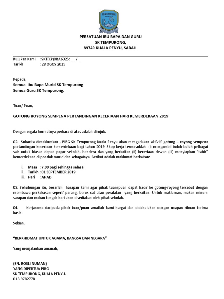 Surat Gotong Royong Kemerdekaan Ogos 2019 Pdf