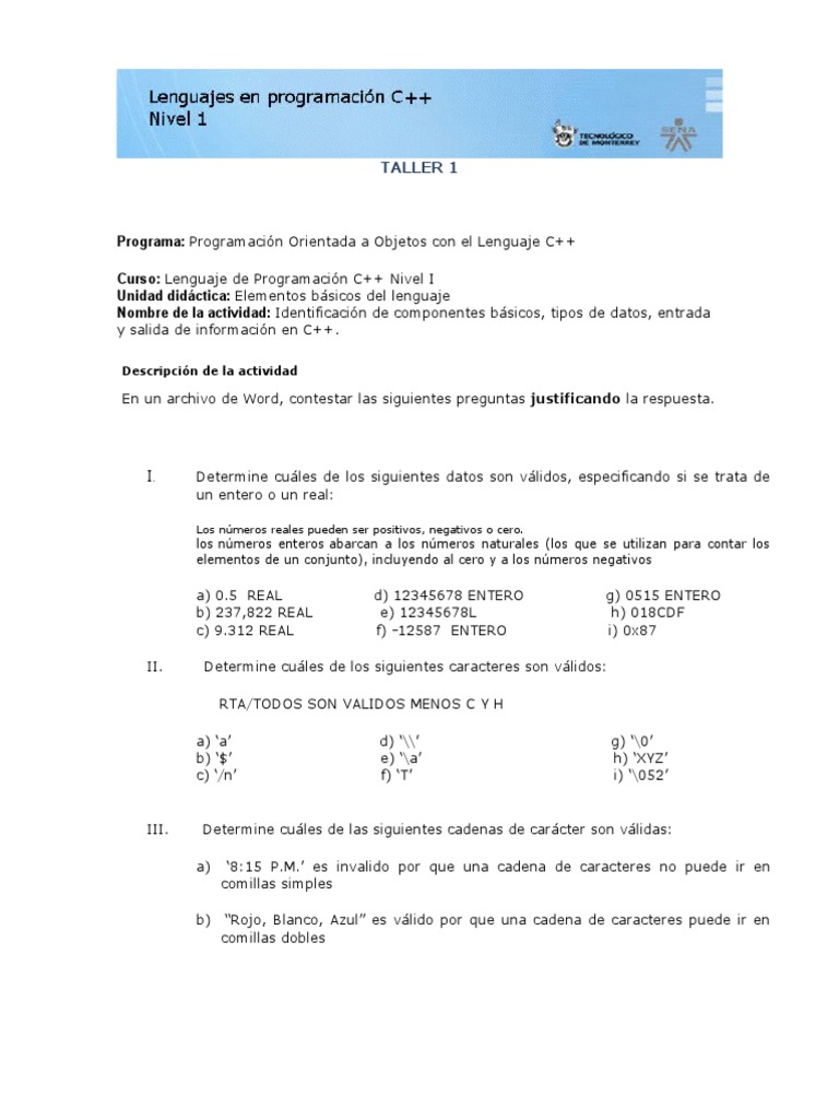 Taller 1 C++ | PDF | C ++ | Lenguaje de programación