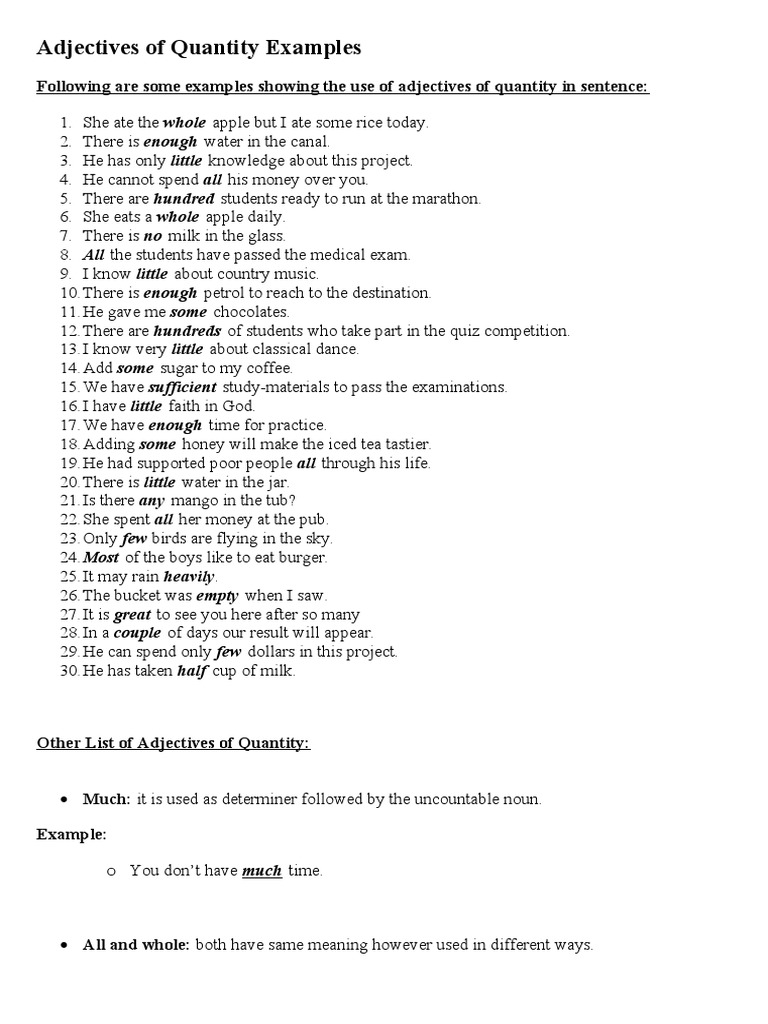 Adjectives of Quantity Examples PDF Beverages Foods