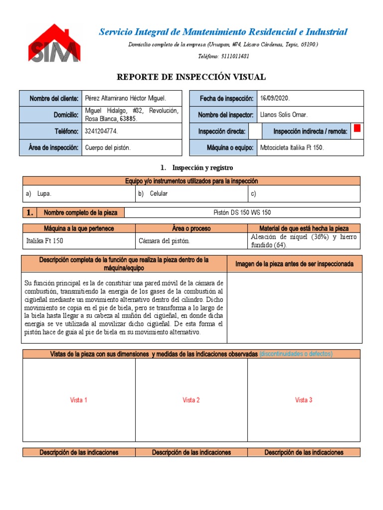 E1 Formato para Reporte de INSPECCIÓN VISUAL PDF Pistón