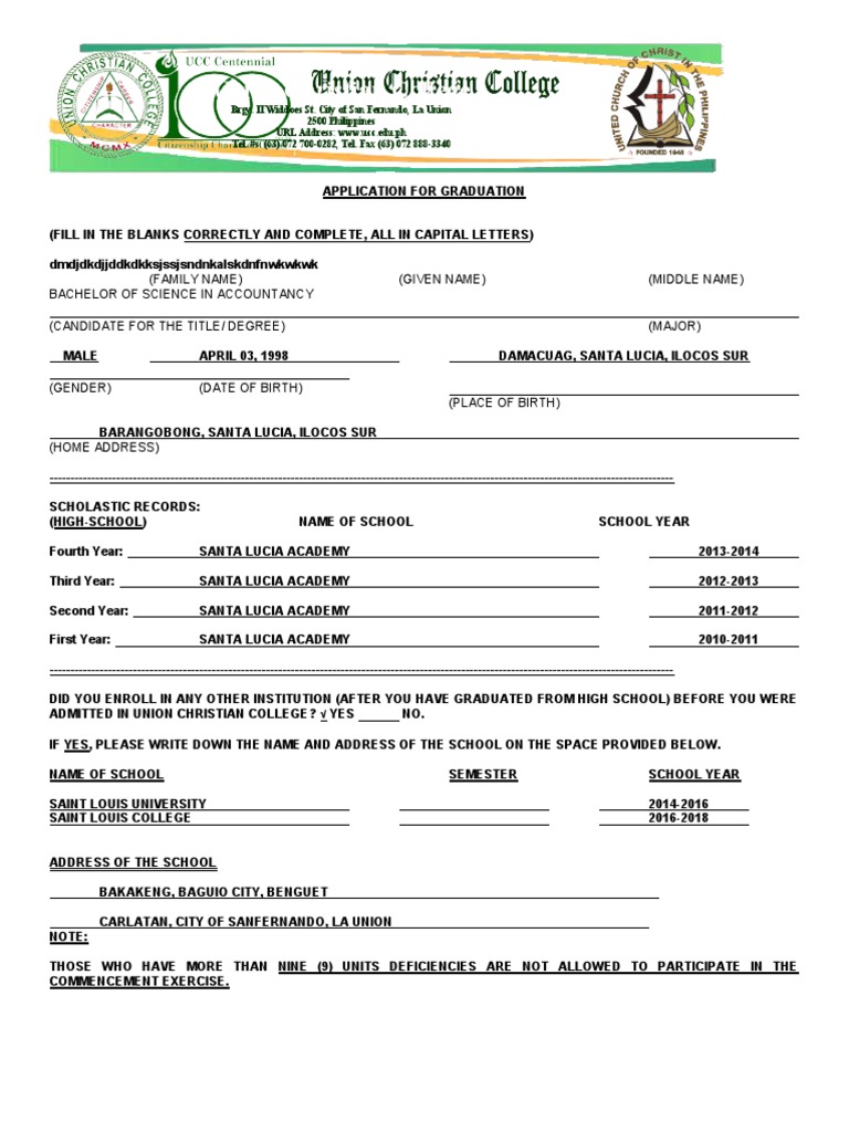 Application for Graduation and Waiver Form from Union Christian College ...
