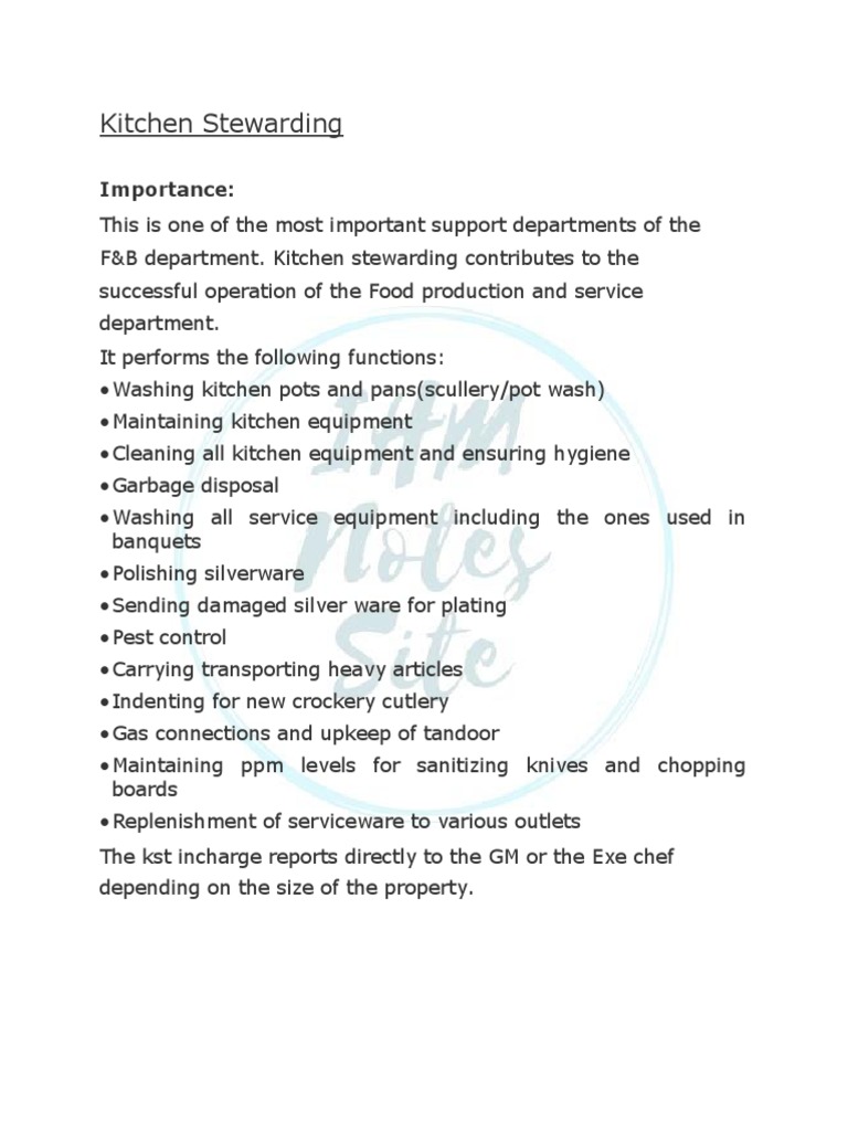 Kitchen Stewarding Responsibilities Explained | PDF | Dishwasher ...