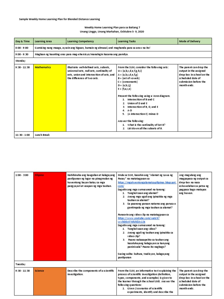 Sample Weekly Home Learning Plan for Modular Distance LearningMadrid