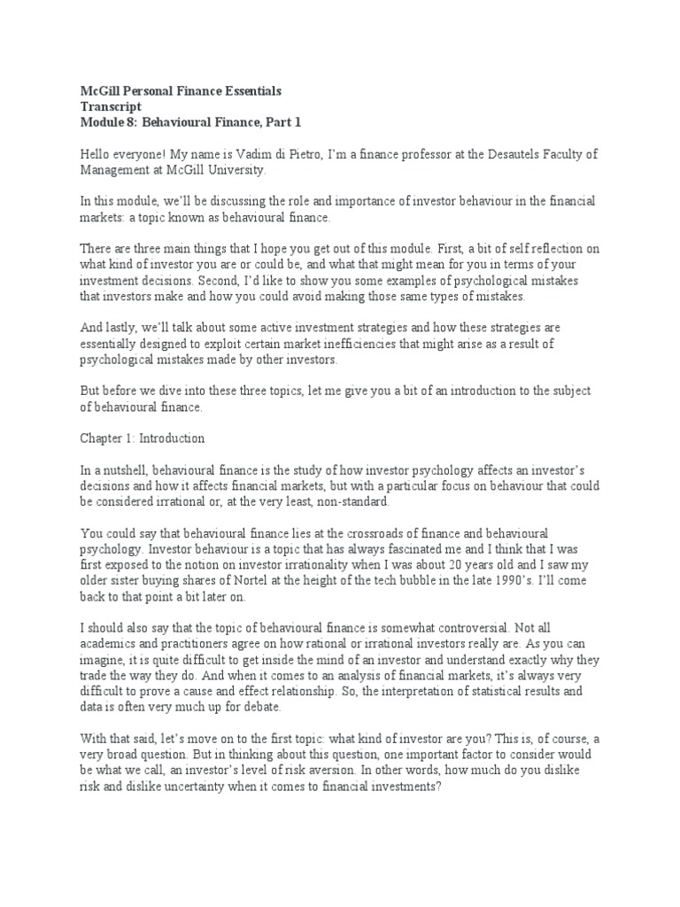 Mcgill Personal Finance Essentials Transcript Module 8: Behavioural ...
