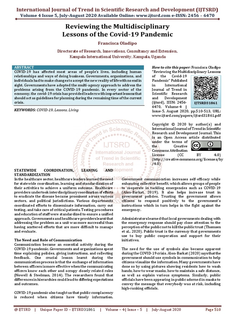 Reviewing The Multidisciplinary Lessons of The Covid 19 Pandemic | PDF ...