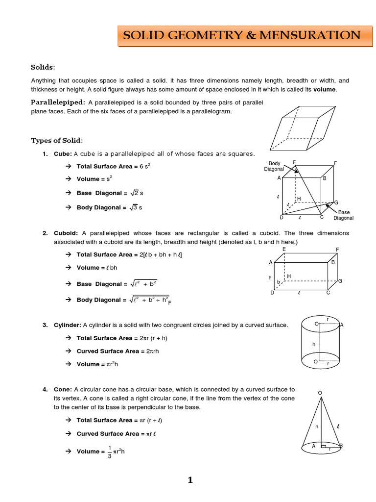 Solid Geometry and Mensuration Guide | PDF | Volume | Area