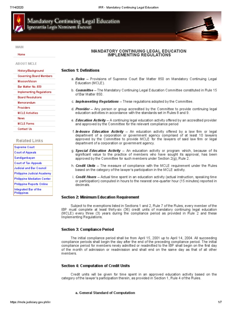 IRR Mandatory Continuing Legal Education PDF Legal Education Lawyer