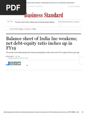 Balance sheet of India Inc weakens; net debt-equity ratio inches up in FY19 _ Business Standard News.pdf