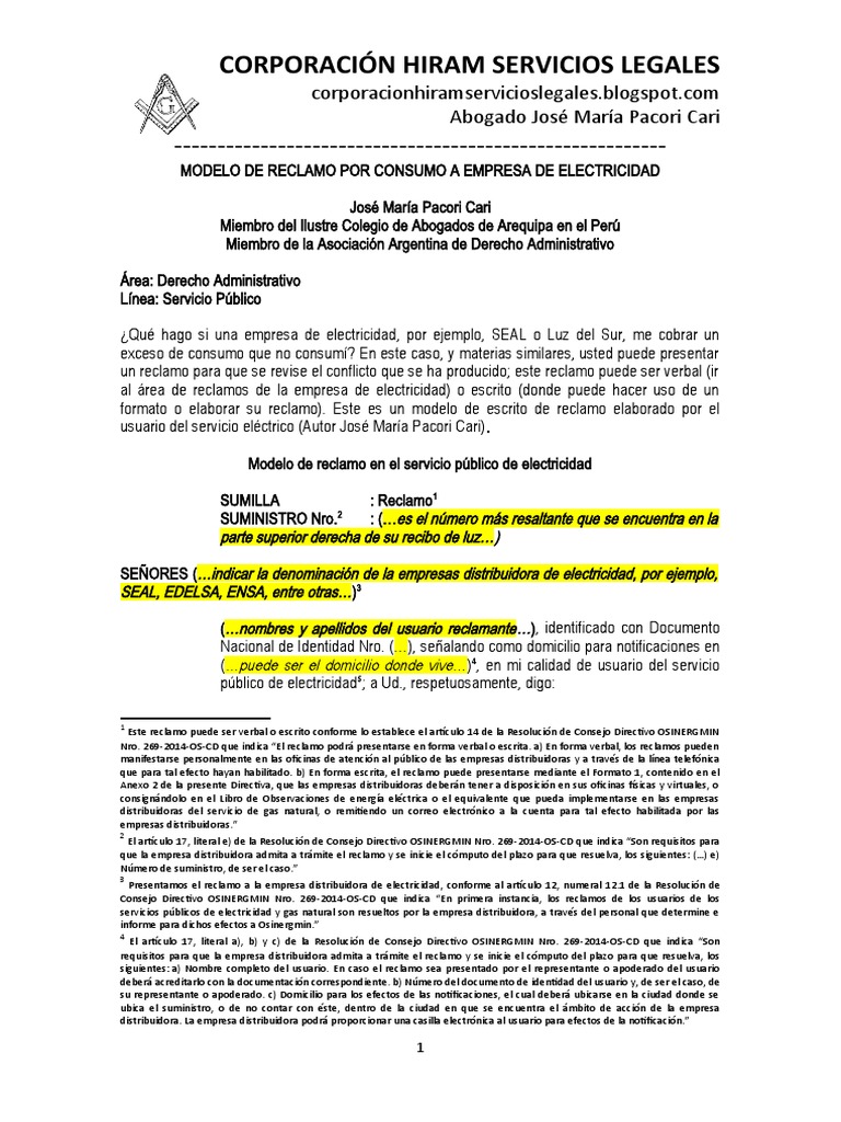 Modelo Reclamo Por Consumo de Electricidad A Empresa de Luz - Autor ...