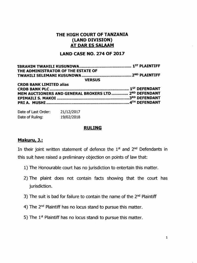 High Court Ruling on Land Case 274/2017 | PDF | Lawsuit | Mortgage Law