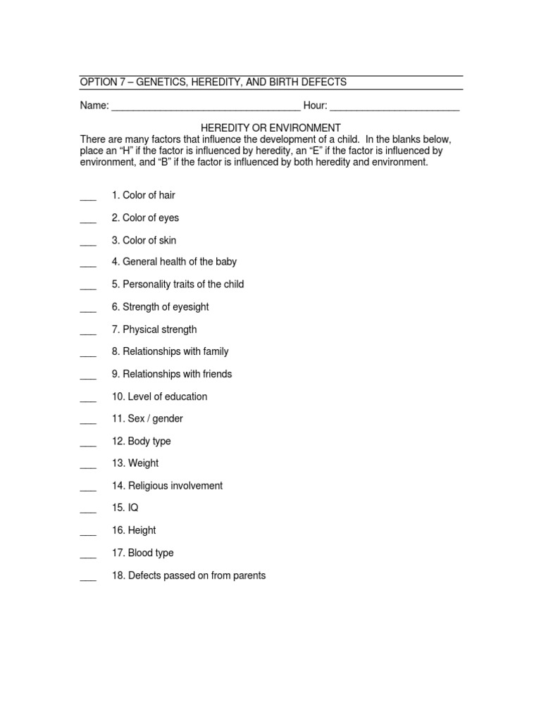 Heredity or Environment Worksheet | PDF