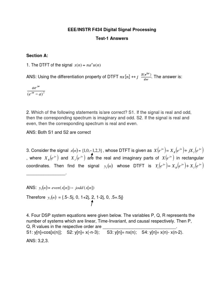 Analysis of Digital Signal Processing Concepts through Test Questions