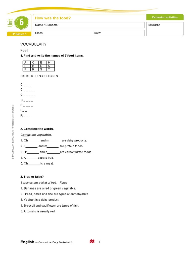 Extension Activities Unit 6 (Word) 2018 | PDF | Western Cuisine ...