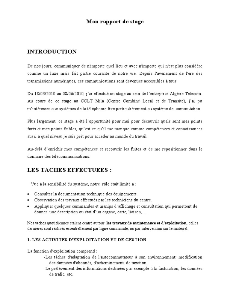 Rapport De Stage Pdf Commutateur Telephonique Telecommunication