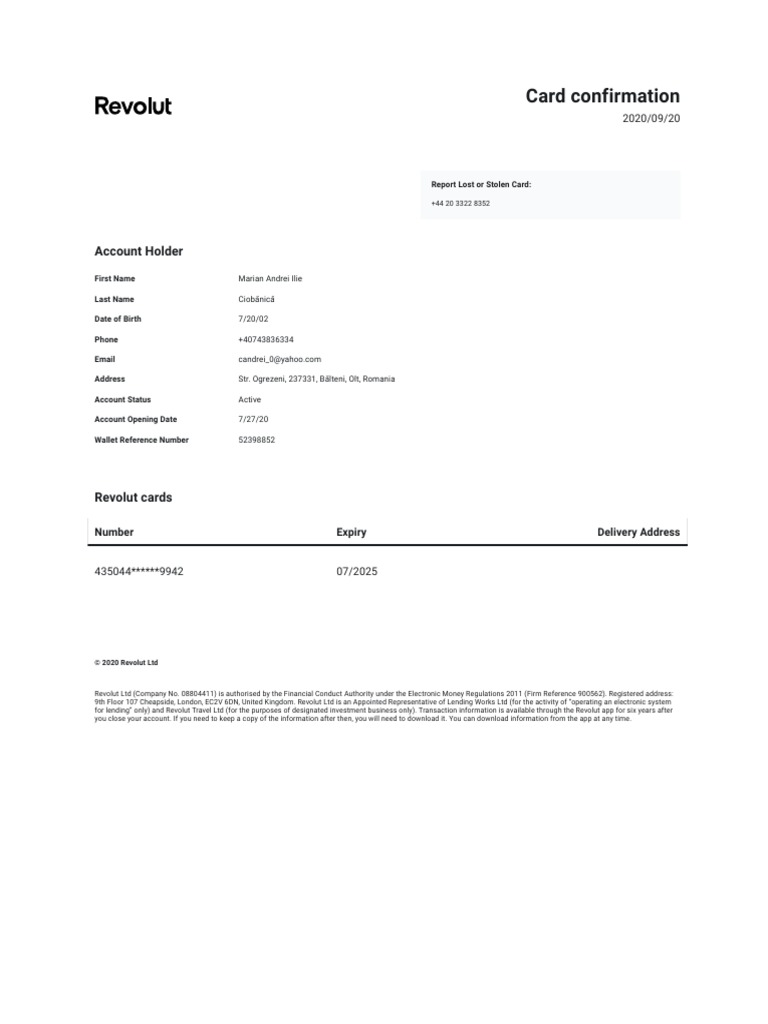 Card Confirmation: Account Holder | PDF