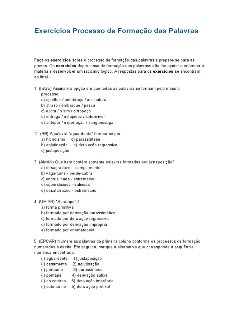 Exercícios Processo de Formação Das Palavras | PDF | Morfologia ...