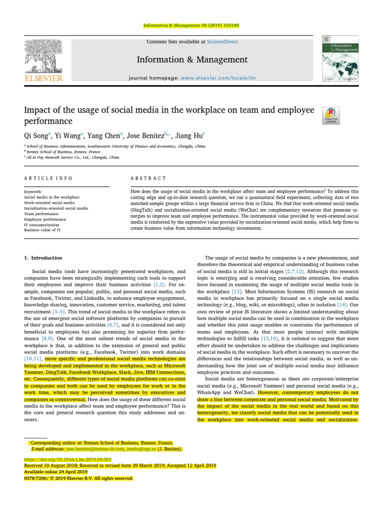 Impact of The Usage of Social Media in The Workplace On Team and ...