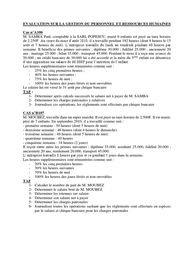 Exercices Et Corrigés Sur La Paie Pdf Gratuit Exercice Sur La Paie PDF | PDF | Heures supplémentaires | Salaires