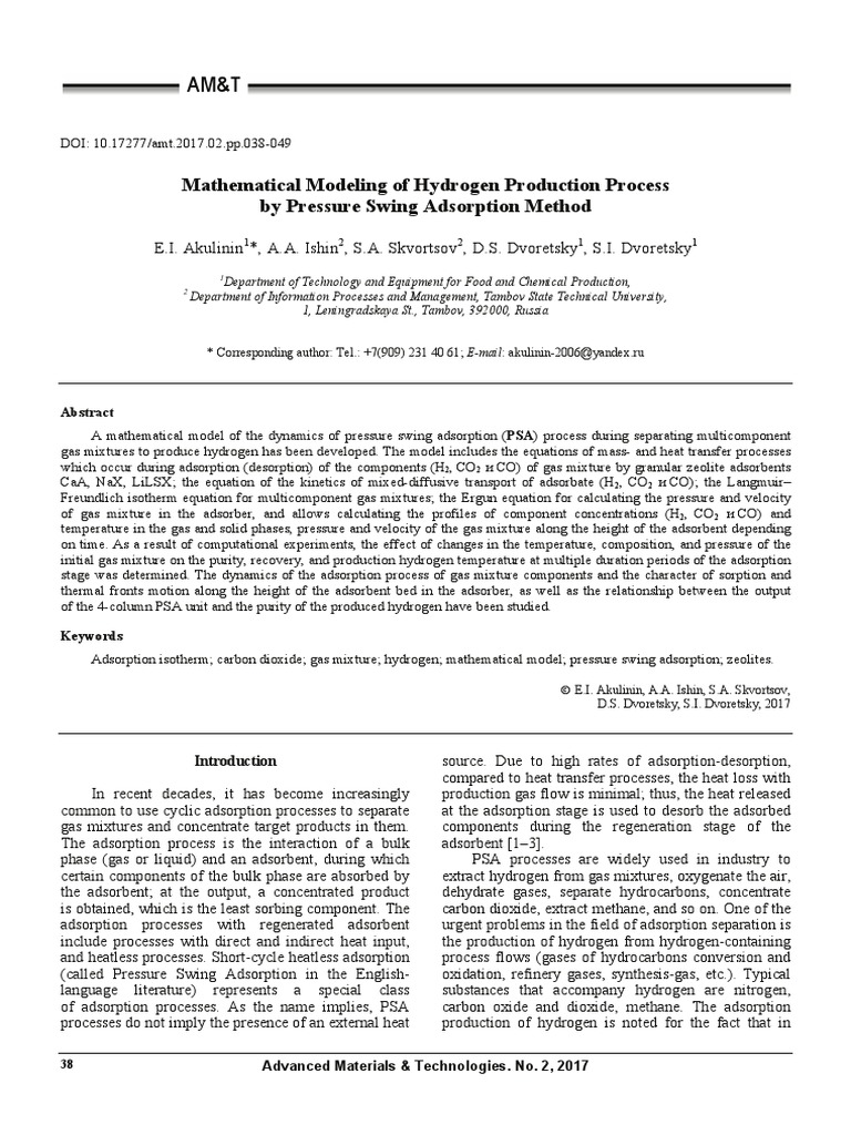 Mathematical Modeling of Hydrogen Production Process by Pressure Swing ...