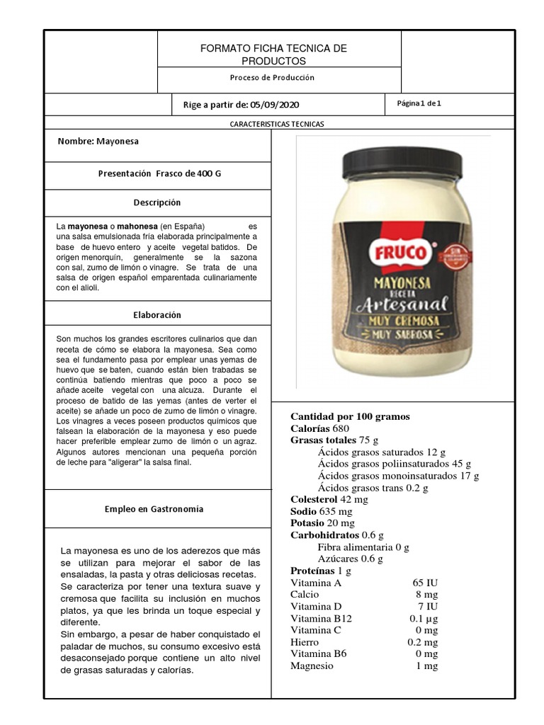 Ficha Tecnica Mayonesa PDF Mayonesa Alimentos