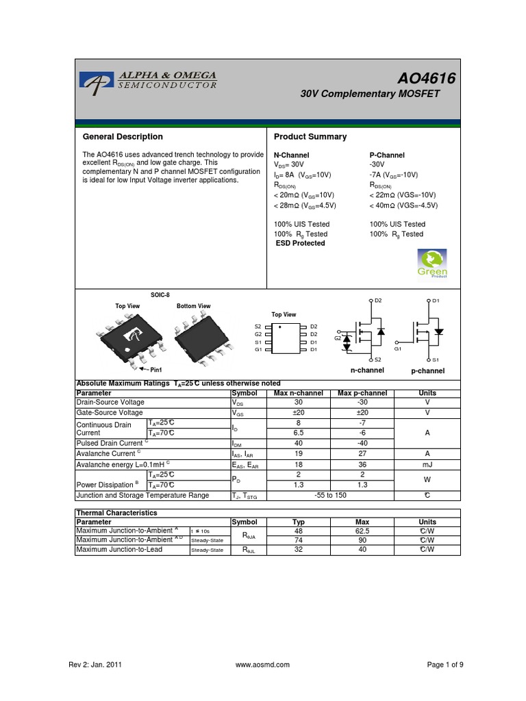 2PCS AO4614B Complementary Enhancement Mode Field Effect Transistor – Unbranded/Generic