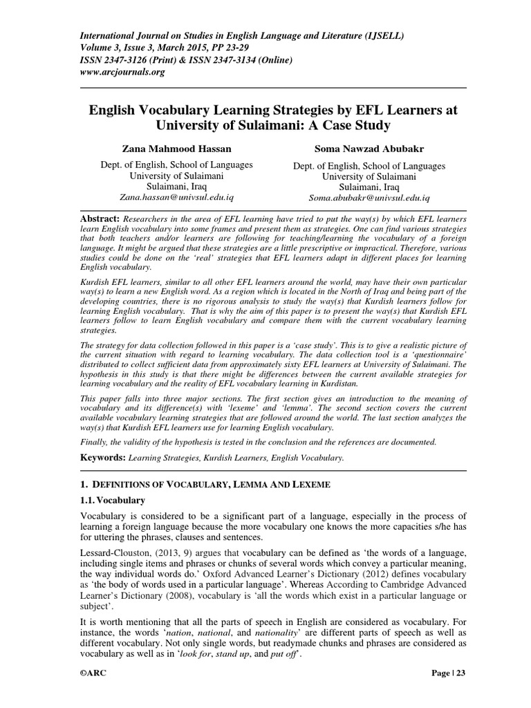 English Vocabulary Learning Strategies by EFL Learners at University of ...