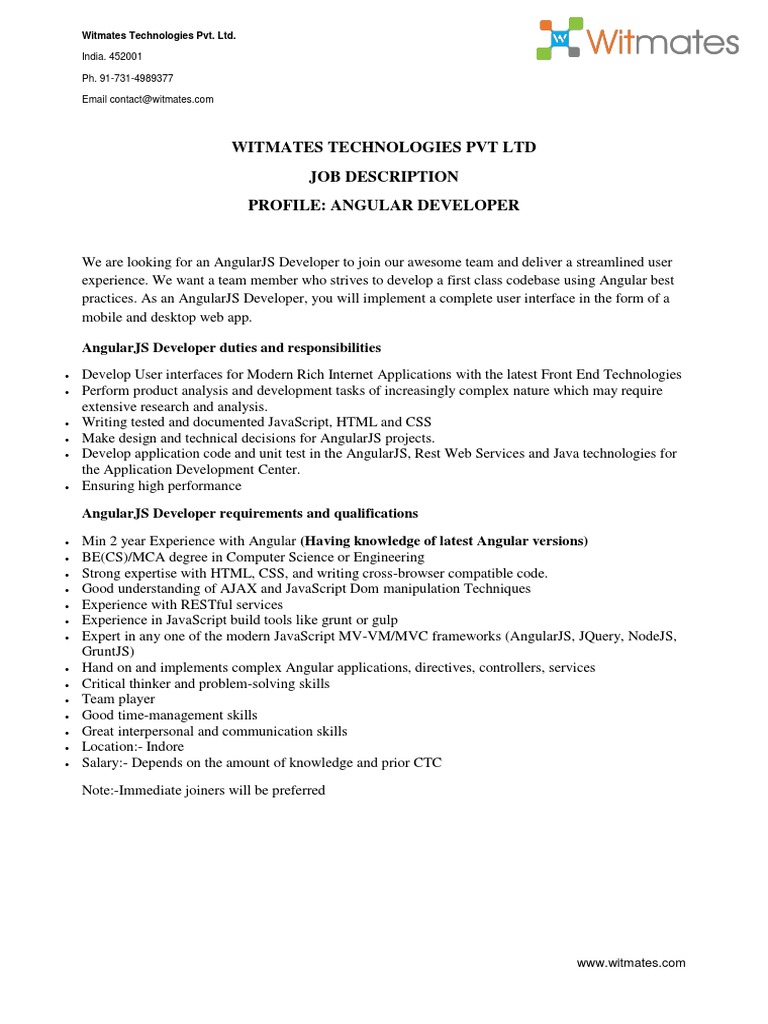 Angular Developer Job Opening at Witmates | PDF | Computers