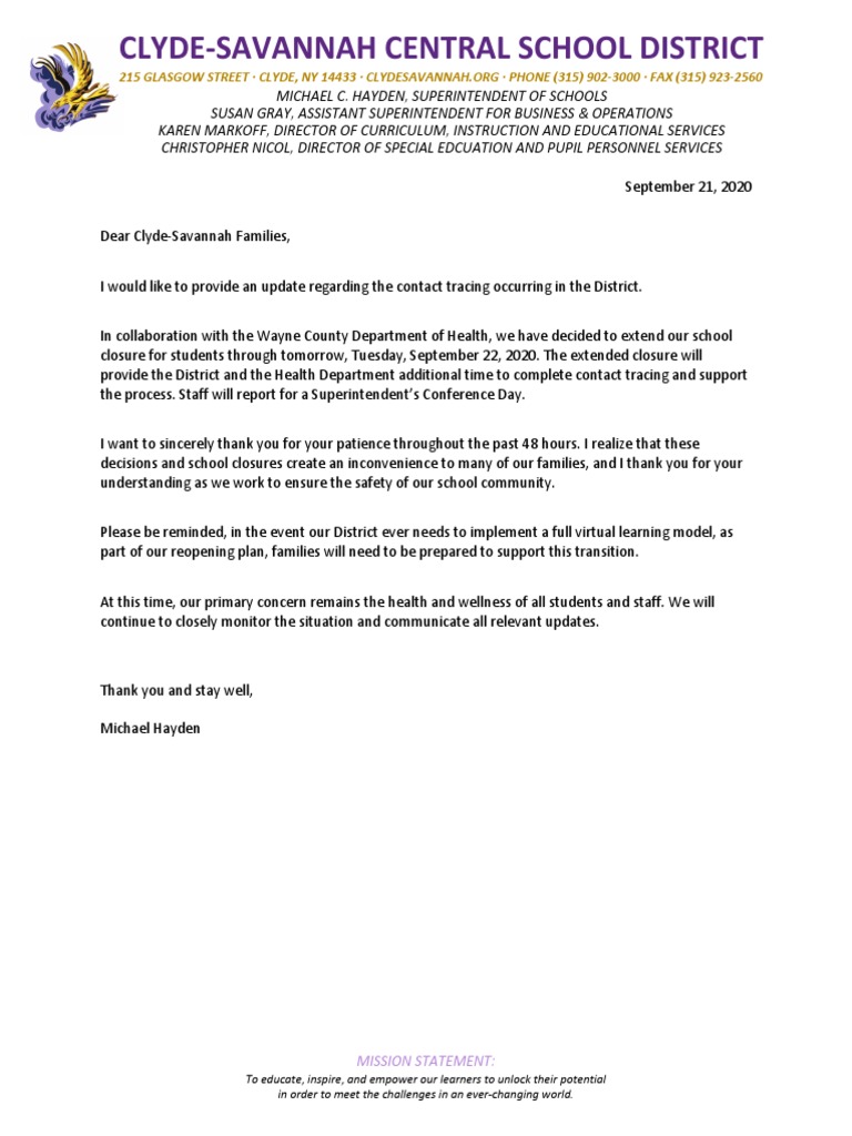 Clyde-Savannah CSD Letter To Families 9/21/20 | PDF