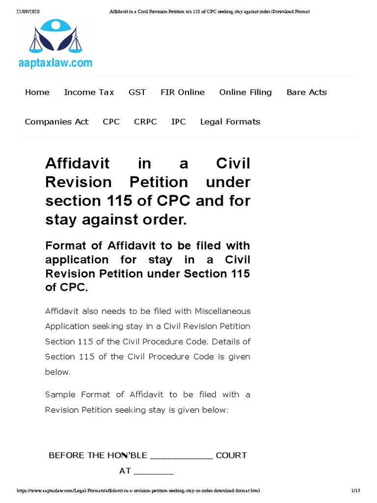 Affidavit in A Civil Revision Petition N S 115 of CPC Seeking Stay Against Order Download