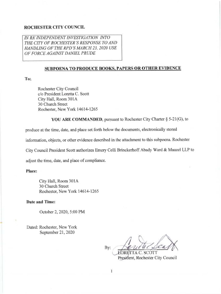 Rochester. City Council Subpoena - CORRECTED (00432837x9CCC2) | PDF |  Grammatical Tense | Discovery (Law)