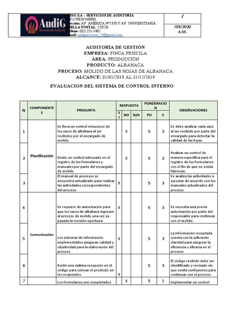 Evaluación del Control Interno en Finca Priscila | PDF | Business ...