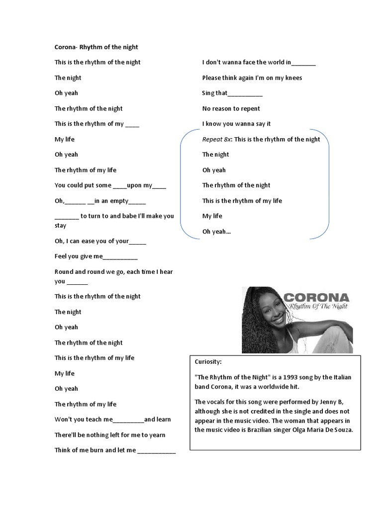Corona Rhythm of Night Song Worksheet Activities With Music Songs ...