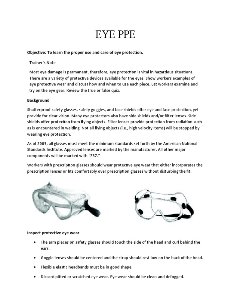 Eye Ppe Objective To Learn The Proper Use and Care of Eye Protection