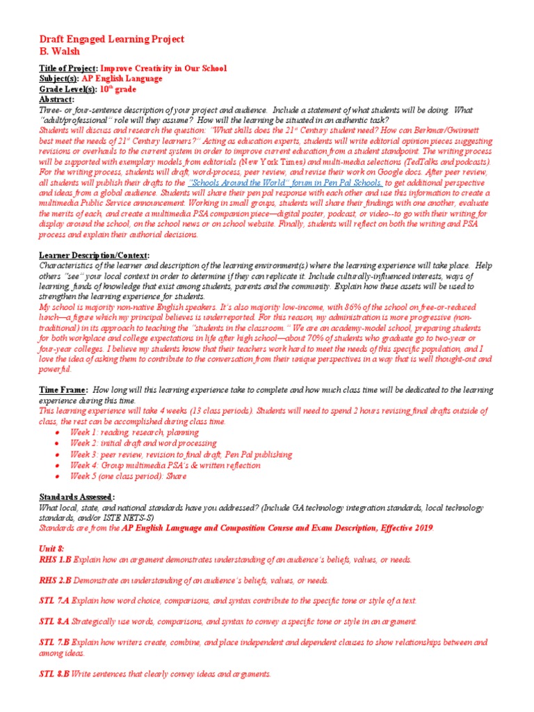 Draft Engaged Learning Project B. Walsh: Improve Creativity in Our ...