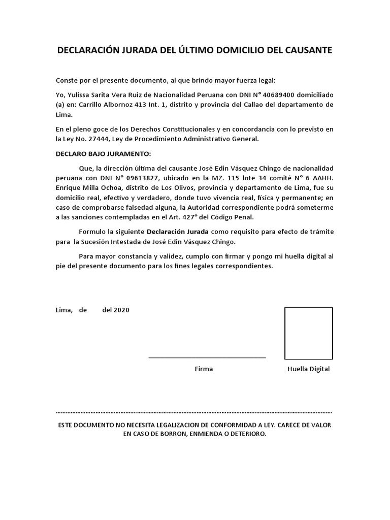 DECLARACIÓN JURADA DEL ÚLTIMO DOMICILIO DEL CAUSANTE - Modelo | PDF