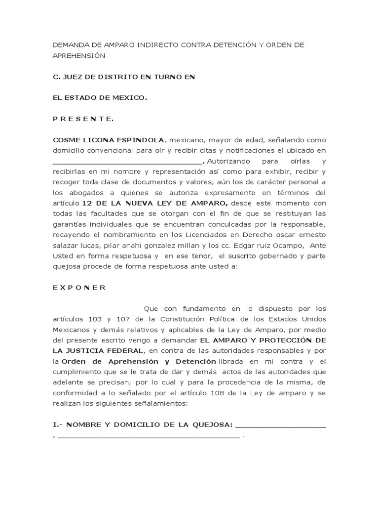 Demanda de Amparo Indirecto Contra Orden de Aprencion | PDF | Violación ...