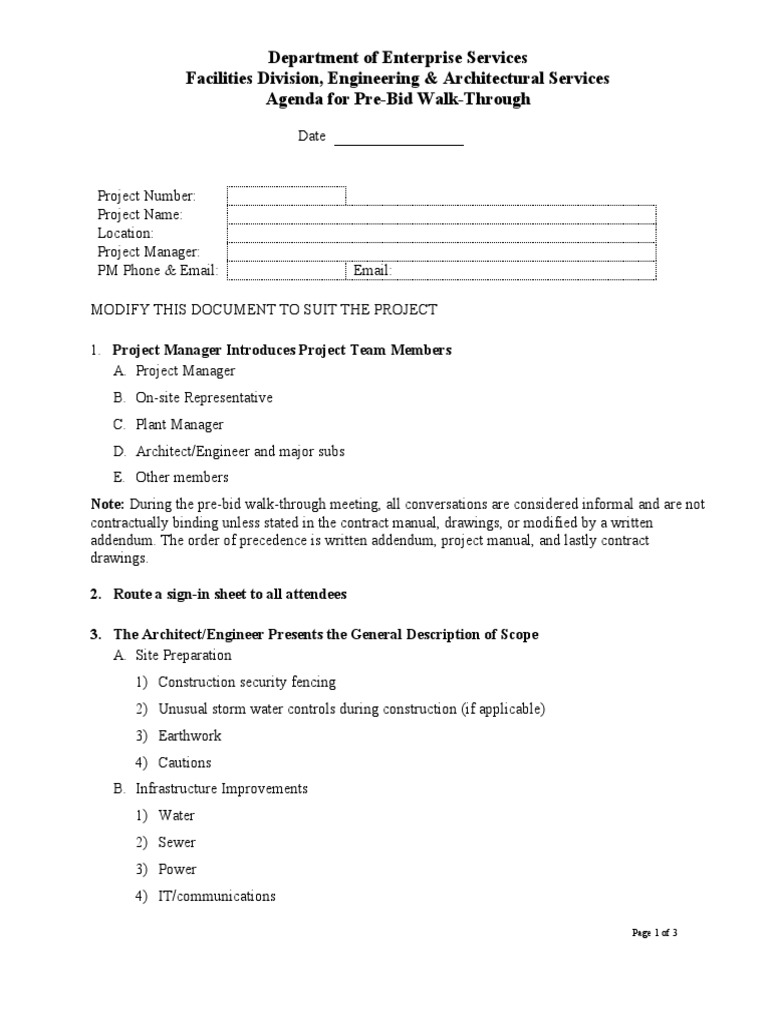 Pre-Bid Meeting Agenda Checklist | PDF | Business
